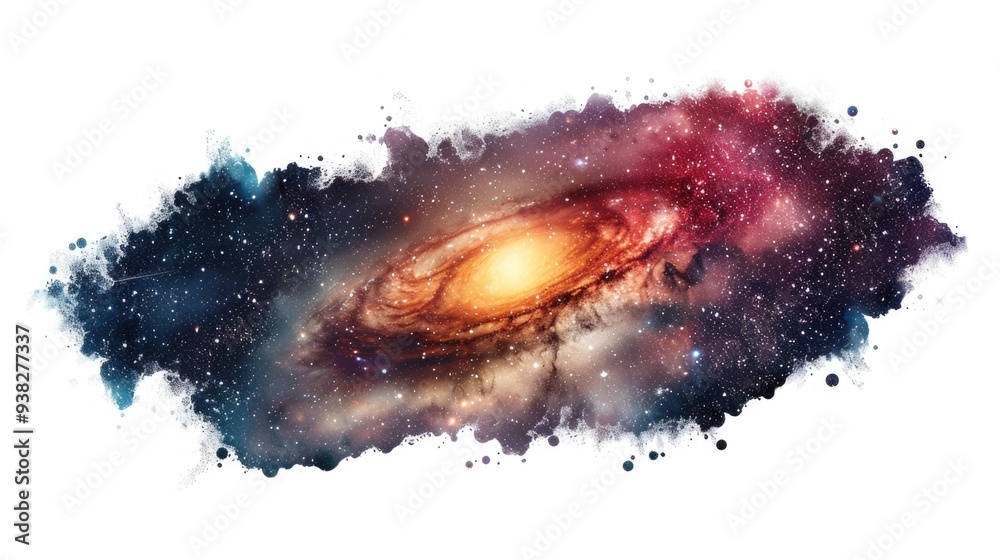 Poster a colorful illustration of a spiral galaxy with stars and space debris, ideal for use in astronomy-r