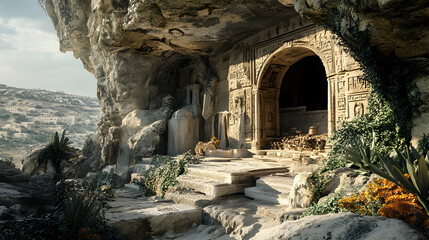 A historically accurate, documentary-style image of the Tomb of Jesus, showing the archaeological site as it appears today