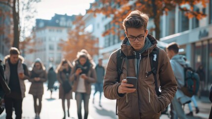 A person looking at their cell phone while walking down the city street