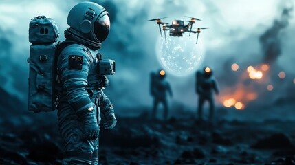 Fototapeta premium A team of astronauts uses AI-driven drones to explore a new planet. The drones project holographic data about the planet’s atmosphere, terrain, and potential resources