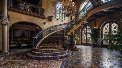 Obraz premium The interior of a grand foyer featuring a sweeping staircase, detailed tile work, and a stunning chandelier, embodying opulence and elegance