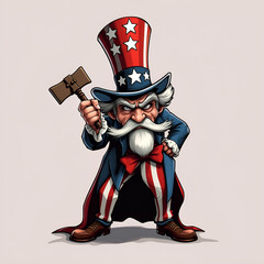 Uncle Sam with judges hammer and angry face in cartoon graphical image