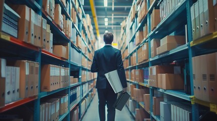 Man Walking Through a Warehouse of Cardboard Boxes and Files