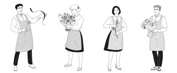 florists male and female characters, men and women with bouquet and flowers black and white vector illustration