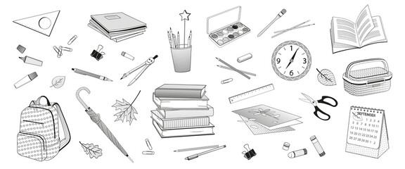 set of elements about school and  study, pens, pencils, books, notebooks, compasses, scissors, brushes, paints, glue, lunch box