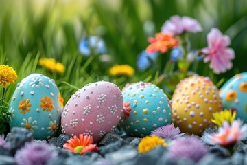 Colorful hand-painted eggs placed amidst a lush and vibrant floral arrangement
