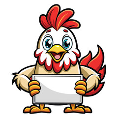 Naklejka premium A whimsical cartoon depiction of a chicken proudly holding a sign.