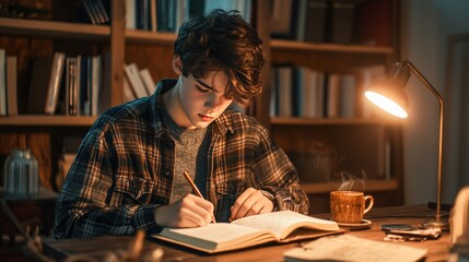 A teenage boy with dark hair sits at a rustic wooden desk, writing in a journal. He wears a flannel shirt and jeans, with open books and a cup of tea beside him.