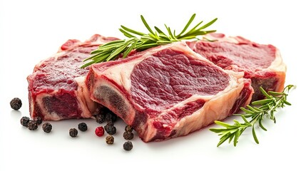 Raw lamb chops with rosemary and peppercorns isolated on white background.