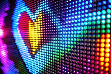 Colorful heart shaped LED pixel background picture at a tilted angle, modern, bright, technology, romantic, Valentine, art, illumination, festive, heart,LED, abstract, digital