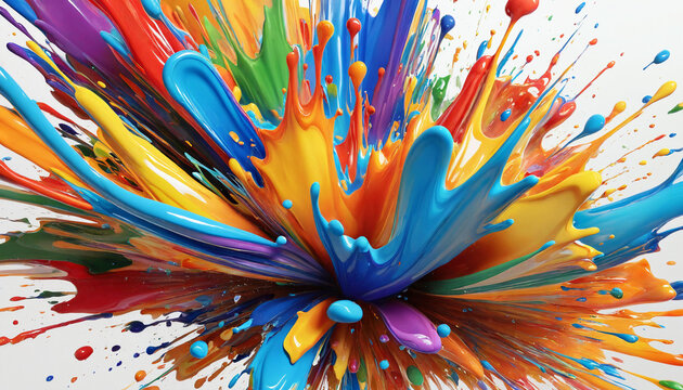 3D &eacute;claboussures peinture explosion color&eacute; multicolore arc-en-ciel sur fond blanc.	