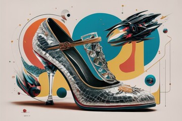 a pair of silver high heels with a bird on the heel,