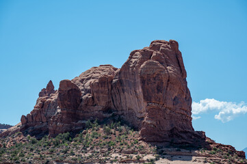 Interesting red rock formations in Arches National Park near Moab, Utah on clear sunny summer morning
