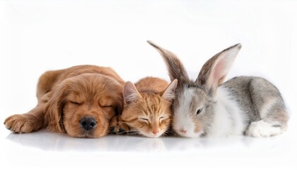 Obraz premium 仲良く一緒に寝ている子犬と猫とうさぎ（Puppy and cat and rabbit sleeping together） 
