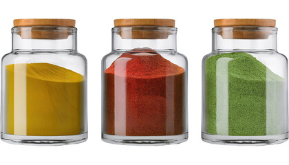 Organic spice jars with vibrant powders yellow green red isolated
