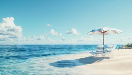 Tropical Beach Chairs and Umbrella by Clear Blue Water 3D Summer Scene with Copy Space. AI generated illustration