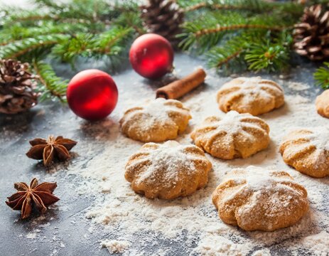 Kekse auf bemehlter Arbeitsfl&auml;che, weihnachtlicher Hintergrund