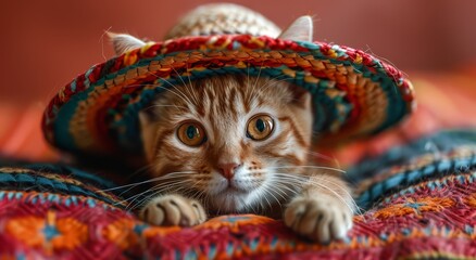 Fototapeta premium Cute cat wearing a sombrero hat isolated on a red background, copy space concept for a festive party decoration and diversity culture idea