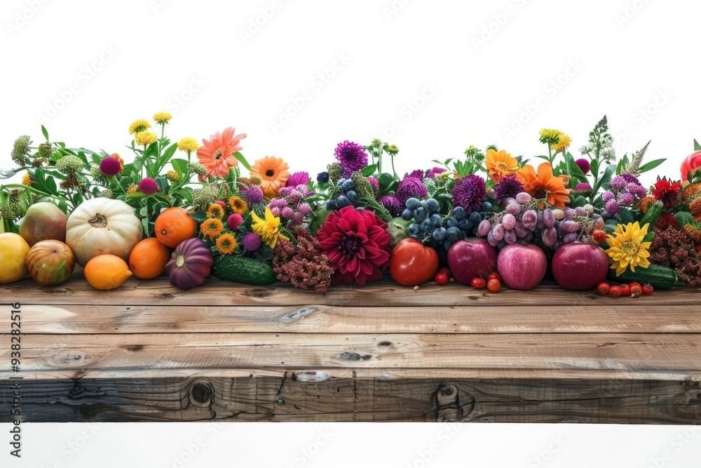 Poster a colorful display of fresh fruits and vegetables arranged on a wooden table