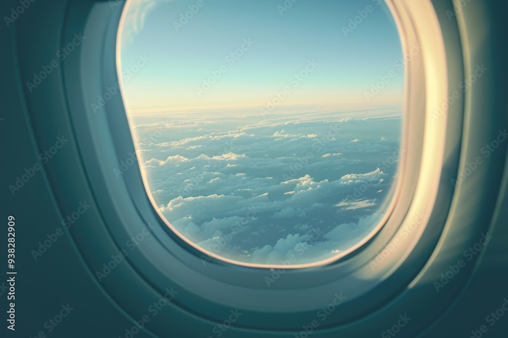 Poster A view of the sky from an airplane window with clouds and sunbeams