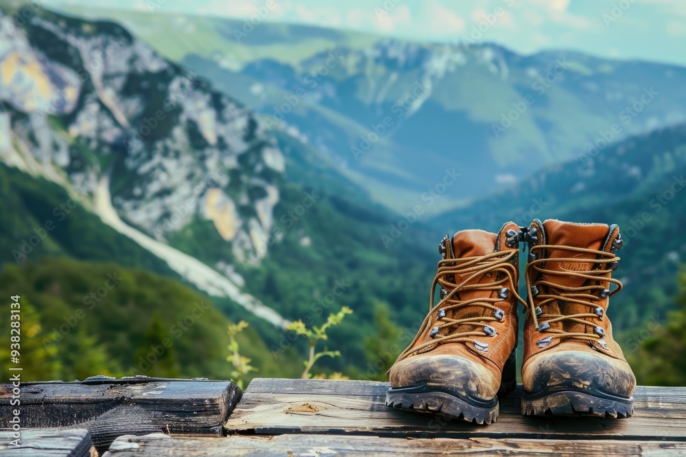 Poster a pair of boots sits on a wooden table, simple and rustic