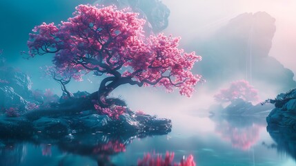 A Single Pink-Blossomed Tree on a Misty Lake