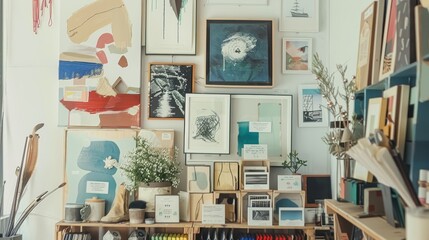 Art studio with various paintings and drawings displayed on the wall, creating a creative and inspiring atmosphere.
