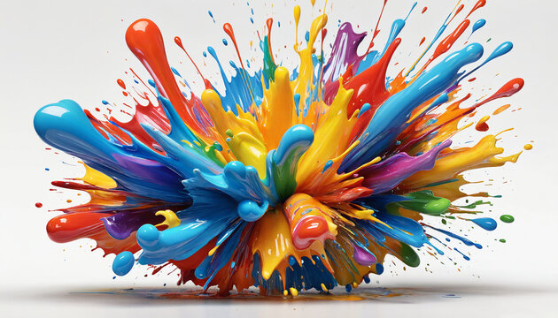 3D &eacute;claboussures peinture explosion color&eacute; multicolore arc-en-ciel sur fond blanc.	