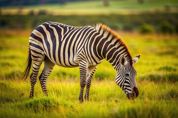 A zebra grazing peacefully in a field at a tilted angle, serene, outdoors, wildlife, striped,zebra, herbivore, nature, horizontal, animal, grass, safari, tranquil., tilt, angle, grazing