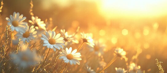 Golden Hour Daisies Blooming in an Open Field. AI generated illustration