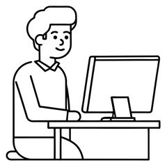 Young Man at Desktop Computer art vector illustration