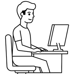 Young Man at Desktop Computer art vector illustration