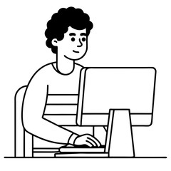 Young Man at Desktop Computer art vector illustration