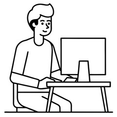 Young Man at Desktop Computer art vector illustration
