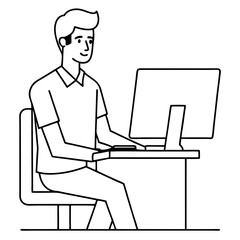 Young Man at Desktop Computer art vector illustration