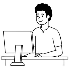 Young Man at Desktop Computer art vector illustration
