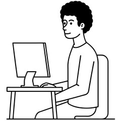 Young Man at Desktop Computer art vector illustration