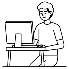 Young Man at Desktop Computer art vector illustration