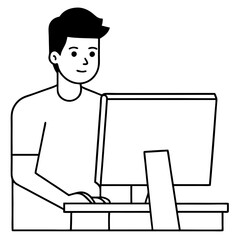 Young Man at Desktop Computer art vector illustration