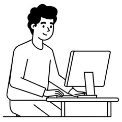 Young Man at Desktop Computer art vector illustration