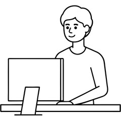 Young Man at Desktop Computer art vector illustration