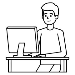Young Man at Desktop Computer art vector illustration