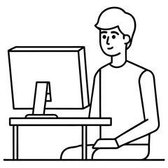 Young Man at Desktop Computer art vector illustration