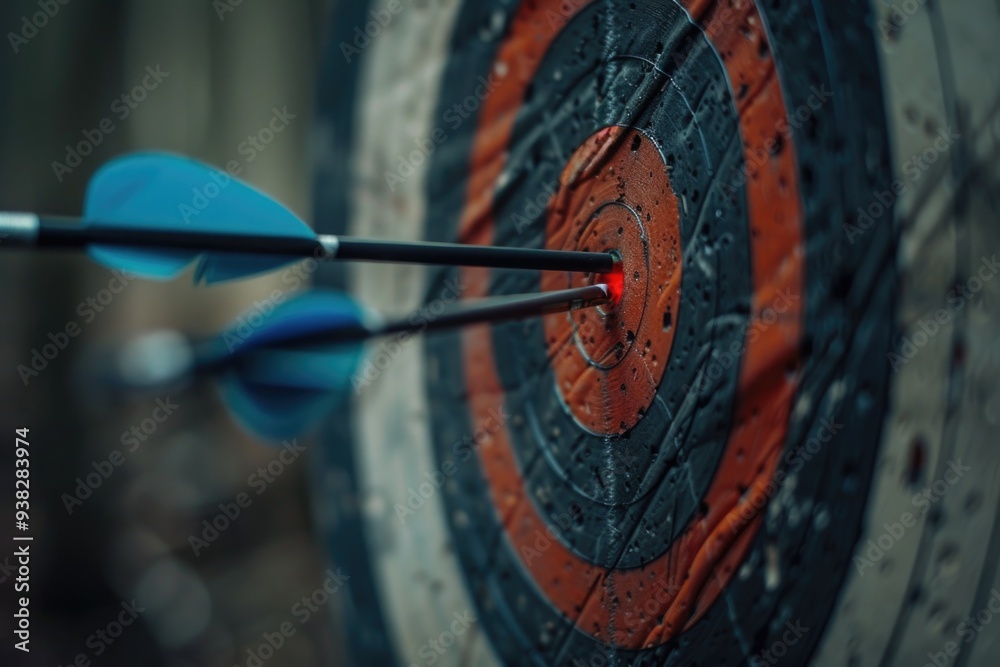 Poster Close-up shot of two arrows aligned perfectly in the center of a target