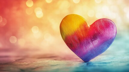 Fototapeta premium A vibrant multicolored heart with painted texture stands on a surface against a soft bokeh background.