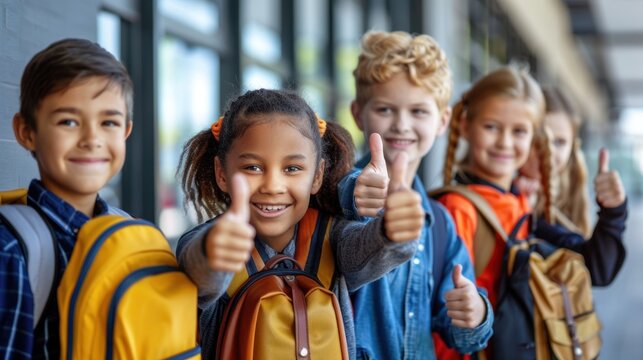 A group of children wearing backpacks are lined up, giving thumbs up.