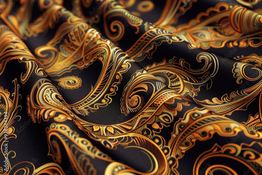 Sticker Close-up shot of a black and gold paisley print fabric, suitable for interior design, fashion or textile industry