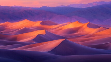 Naklejka premium An expansive desert landscape at sunset, where the sand dunes are painted with shades of deep orange, pink, and purple.