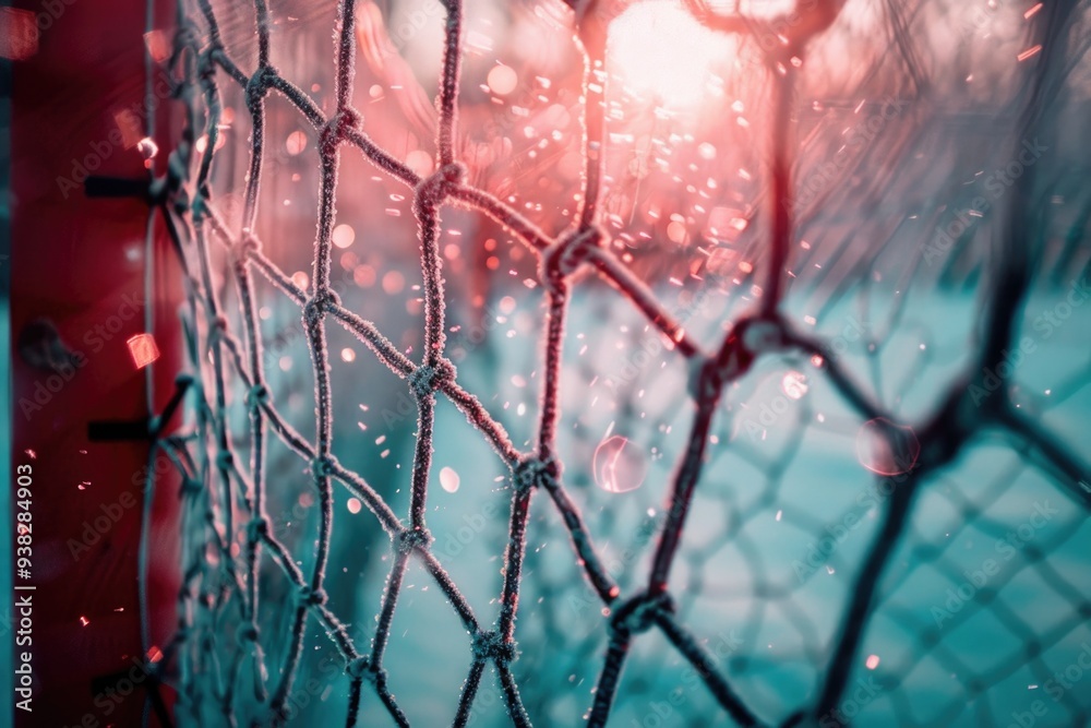 Poster a close-up view of a chain link fence, with details on the metal mesh and surrounding environment