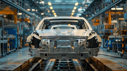 A car chassis is being assembled on an advanced production line in a modern automobile factory, demonstrating technological proficiency and manufacturing expertise.
